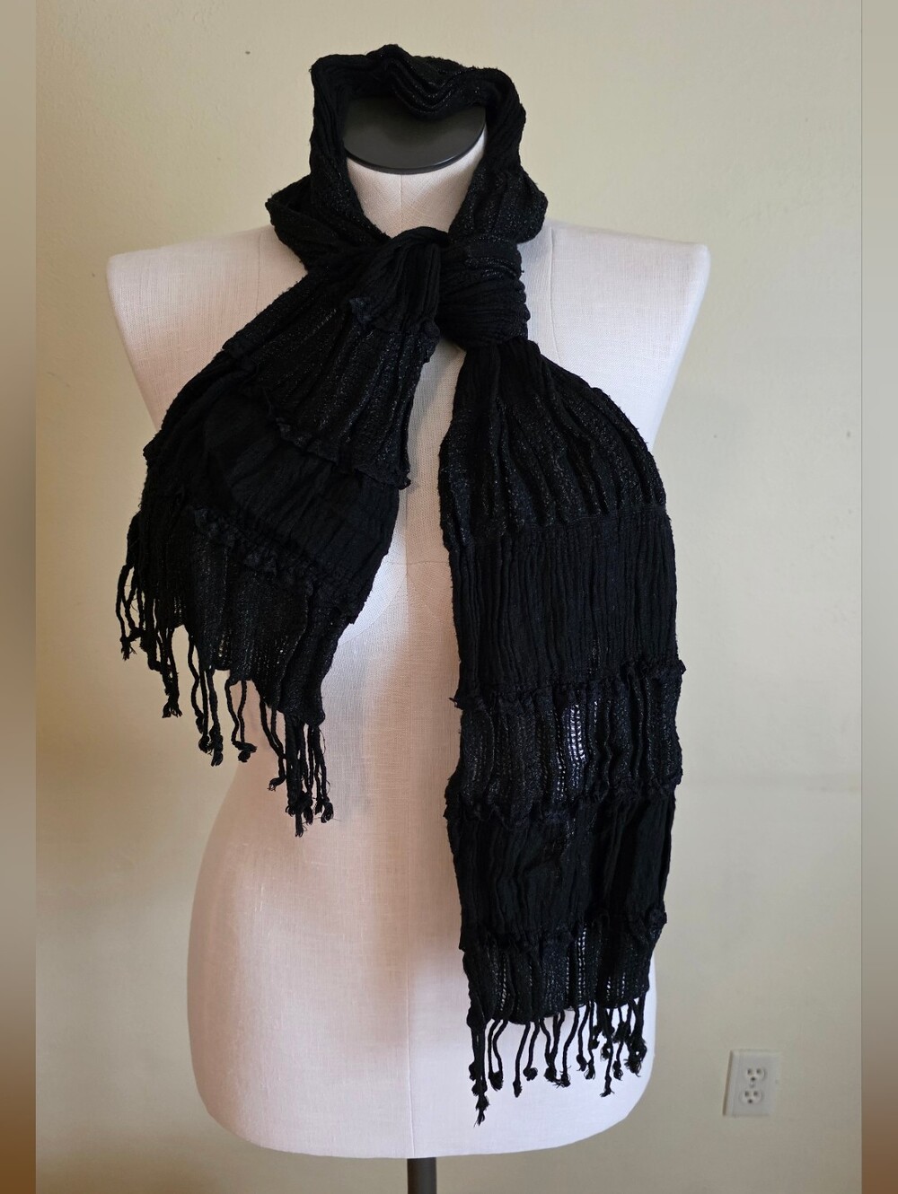 Black Fringed Open Knit Lightweight Scarf - Women Accessories